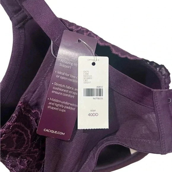 Cacique bra size 40DD balconette purple plum color lace underwire support - Picture 5 of 5